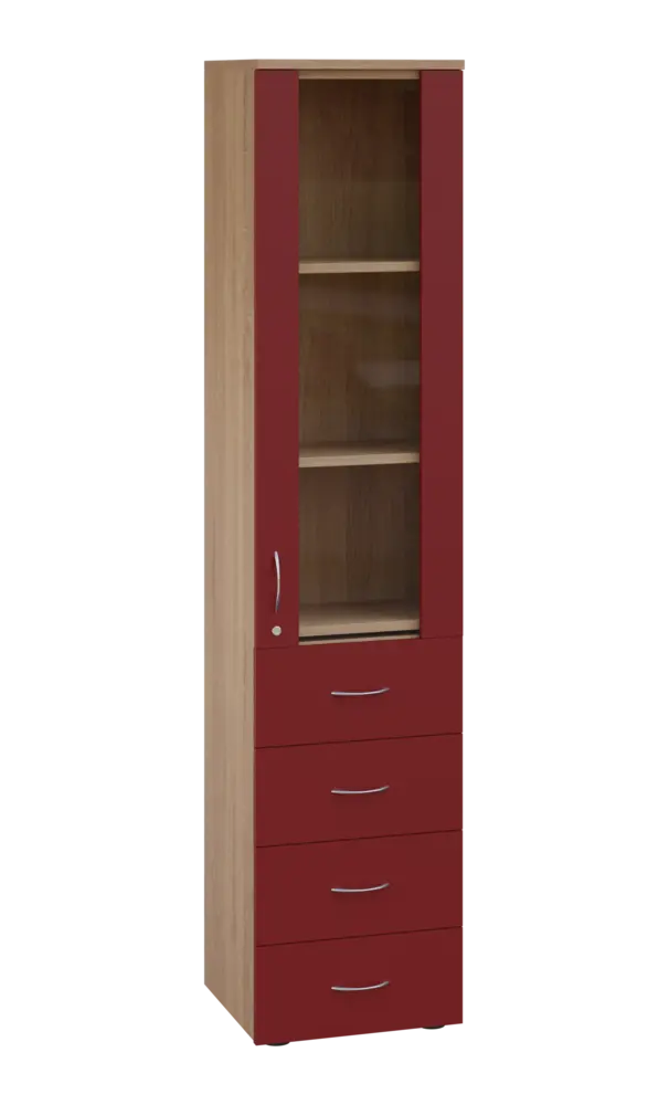 LE - 44 skříň léková prosklená, pravá, korpus dub bardolino, dvířka burgundská